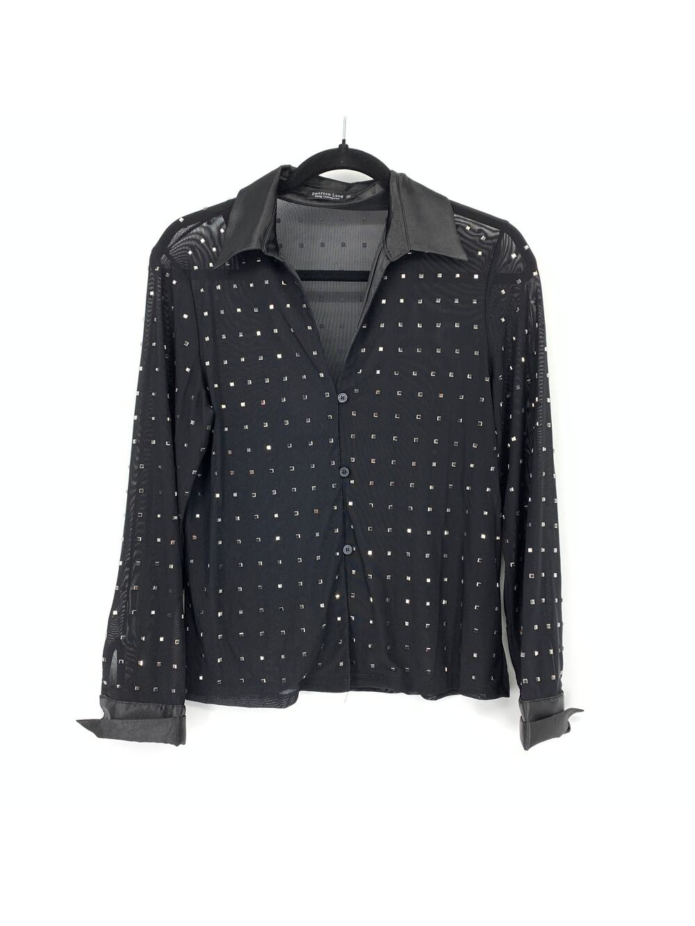 Emerson Lang Collared Semi Sheer Studded Button Front Shirt Black Sz Small